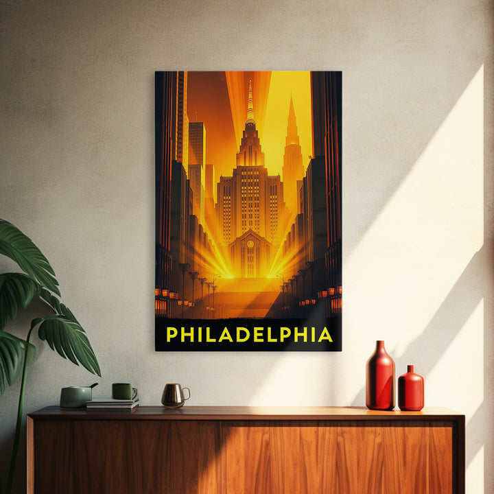 Philadelphia Travel Poster, Framed Canvas Print, Gold Art Deco Poster Art, Philadelphia City Art, Travel Art Print, Vintage City Poster