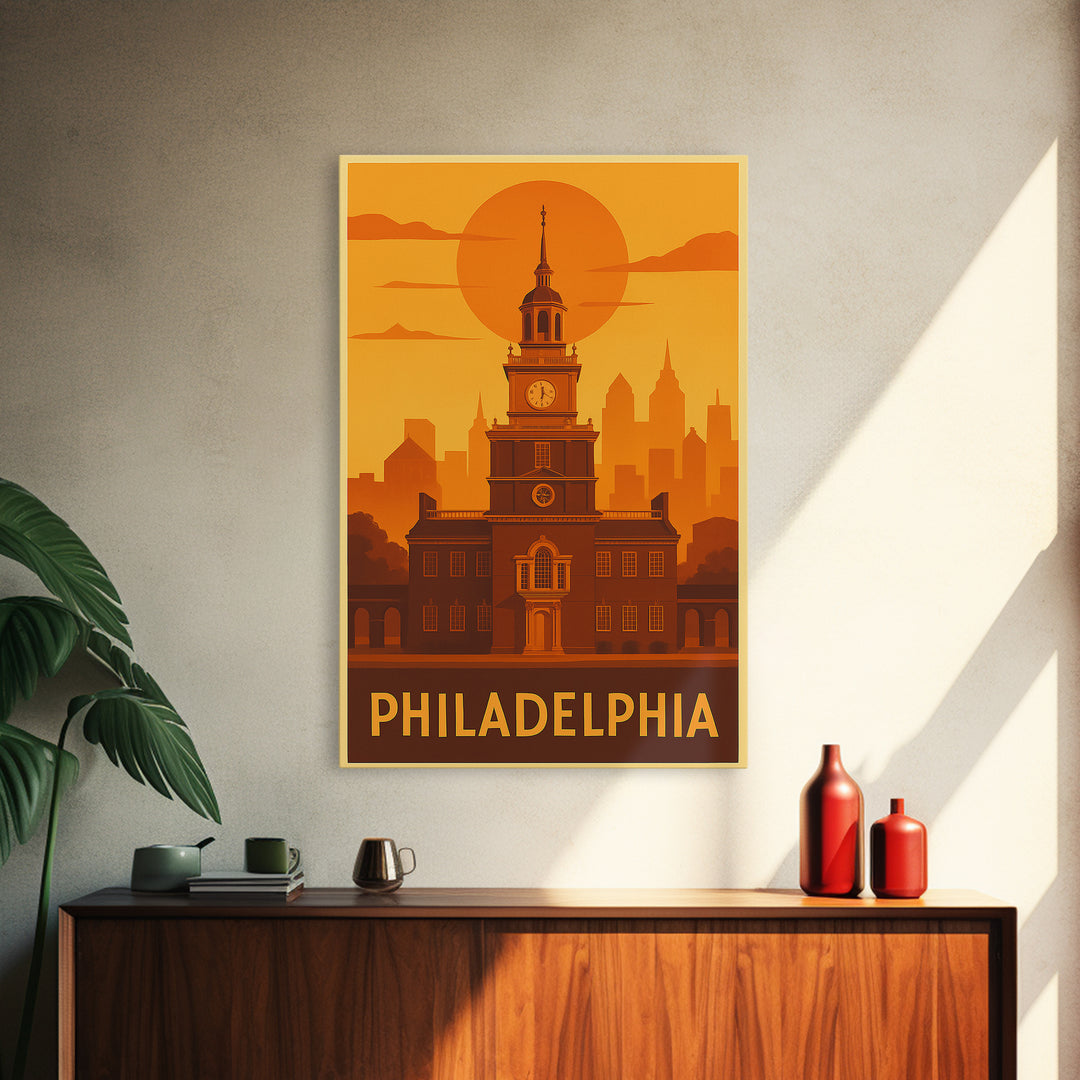 Philadelphia Travel Poster, Canvas Print, Warm Sunset Silhouette Art, Philadelphia Travel Art, Travel Art Print, Living Room Wall Art