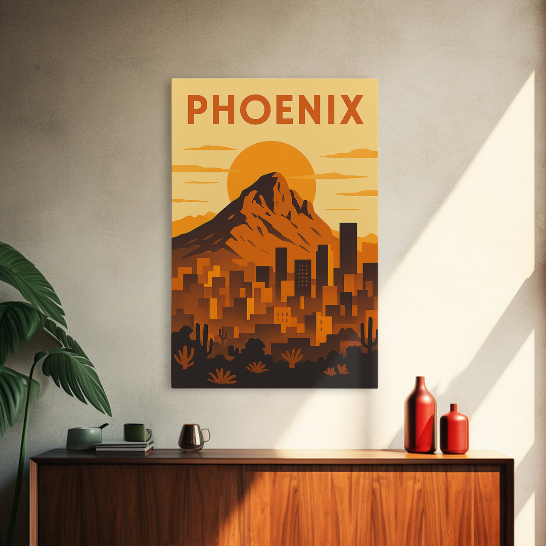 Phoenix Arizona Travel Poster, Framed Canvas Print, Gold Art Deco Poster Art, Phoenix Poster Print, City Travel Prints, Watercolor Skyline