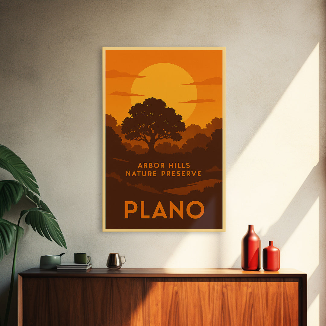 Plano Travel Poster, Framed Canvas Print, Golden Travel Poster Art, Plano Poster Print, Travel Wall Decor, Living Room Wall Art