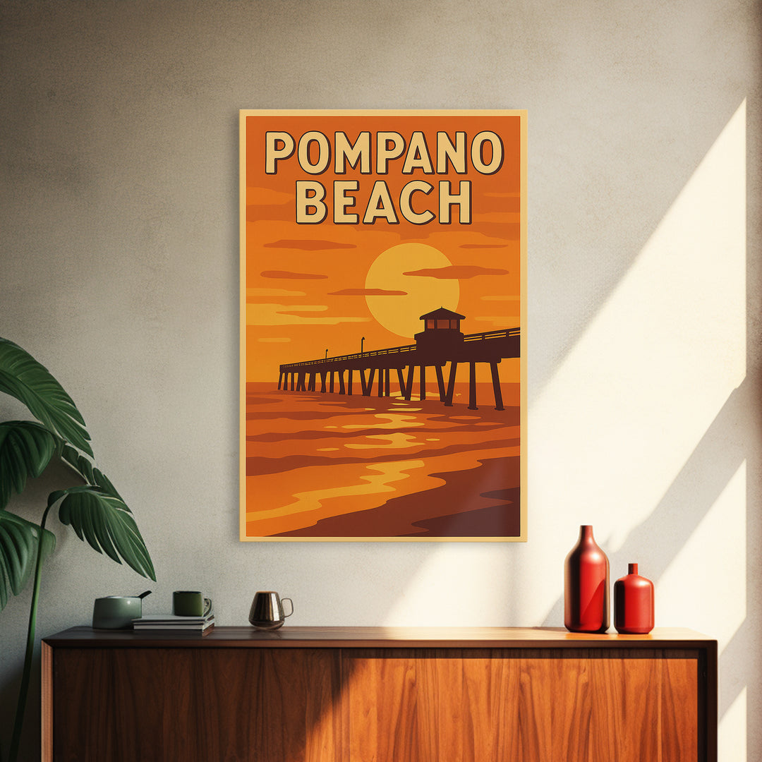 Pompano Beach Florida Travel Poster, Canvas Print, Golden Travel Poster Art, Pompano Beach Wall Art, Travel Poster Set, Vintage City Art