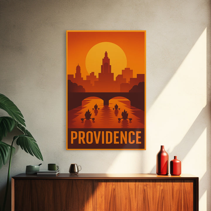 Providence Travel Poster, Framed Canvas Print, Warm Sunset Silhouette Art, Providence City Art, City Art Print, Mid Century Wall Art