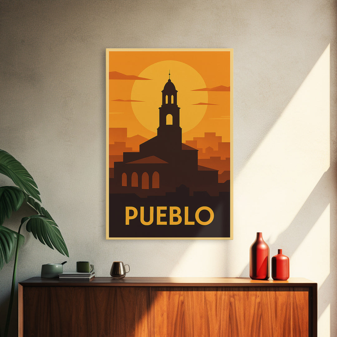 Pueblo Travel Poster, Framed Canvas Print, Gold Art Deco Poster Art, Pueblo City Art, Travel Wall Decor, Home Office Decor, Travel Print