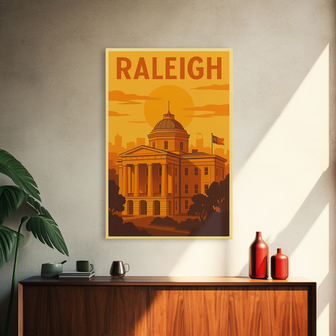 Raleigh North Carolina Travel Poster, Canvas Print, Warm Sunset Silhouette Art, Raleigh City Art, Gift For Travelers, Vintage Travel Art