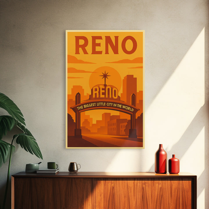 Reno Nevada Travel Poster, Canvas Print, Warm Sunset Silhouette Art, Reno Wall Art, City Art Print, Mid Century Wall Art, City Illustration