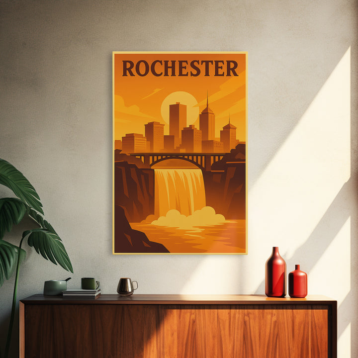 Rochester New York Travel Poster, Canvas Print, Warm Sunset Silhouette Art, Rochester Wall Art, Poster Art, City Illustration, Retro Poster