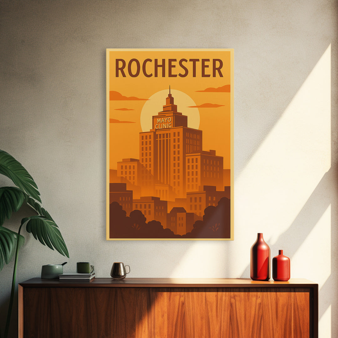 Rochester Travel Poster, Framed Canvas Print, Warm Sunset Silhouette Art, Rochester Art Print, Home Office Decor, Mid Century Wall Art