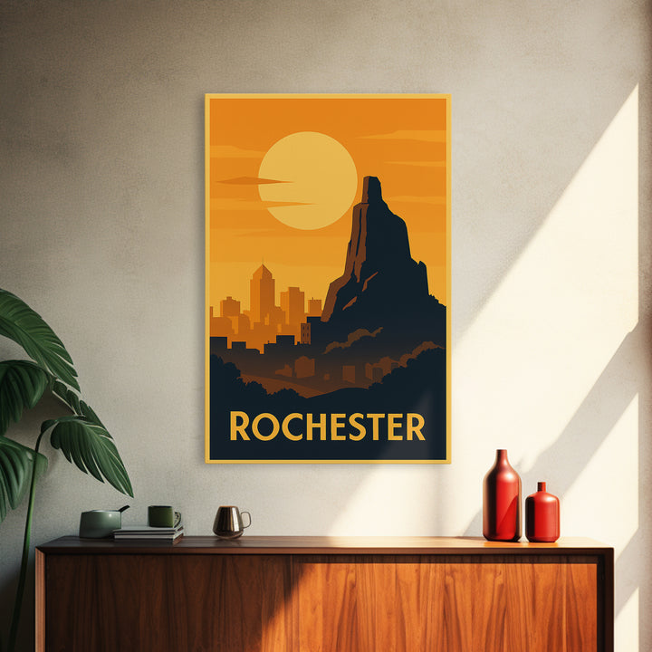 Rochester Travel Poster, Framed Canvas Print, Warm Sunset Silhouette Art, Rochester Travel Art, Living Room Wall Art, Vintage City Poster