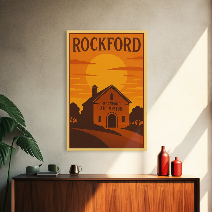 Rockford Illinois Travel Poster, Framed Canvas Print, Gold Art Deco Poster Art, Rockford City Art, City Illustration, Vintage City Poster