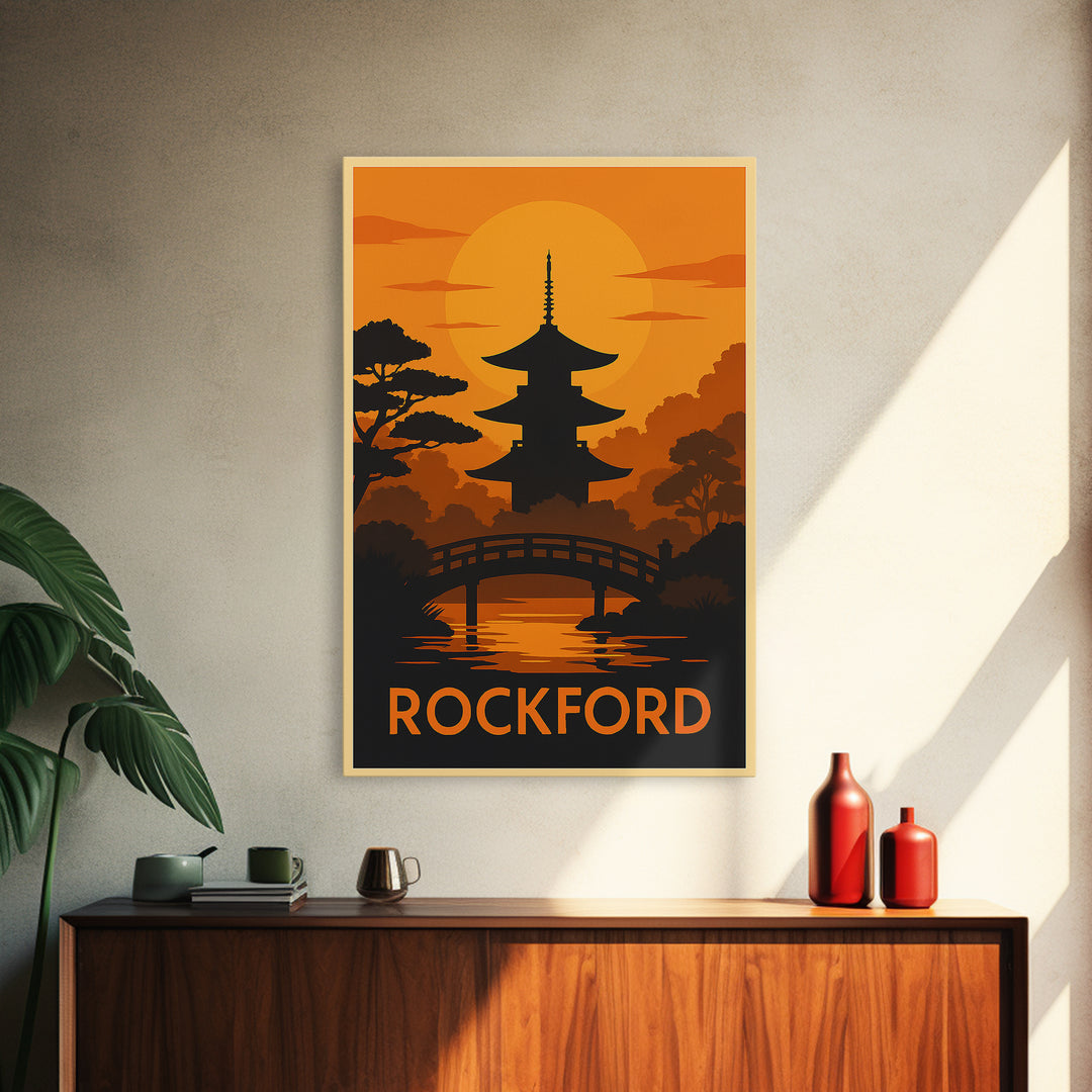 Rockford Travel Poster, Framed Canvas Print, Golden Travel Poster Art, Rockford City Art, Mid Century Wall Art, Travel Poster Set