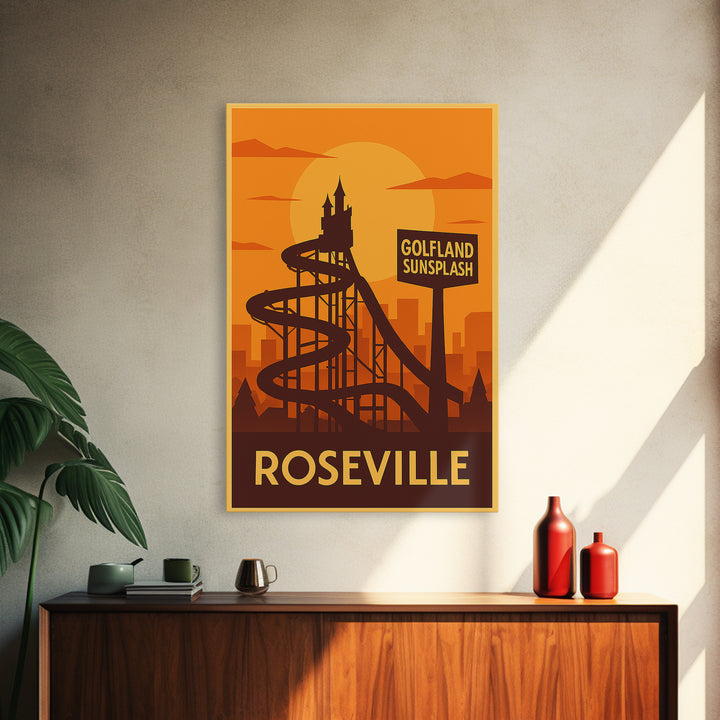 Roseville Travel Poster, Framed Canvas Print, Gold Art Deco Poster Art, Roseville Poster Print, Retro Travel Print, Vintage City Art