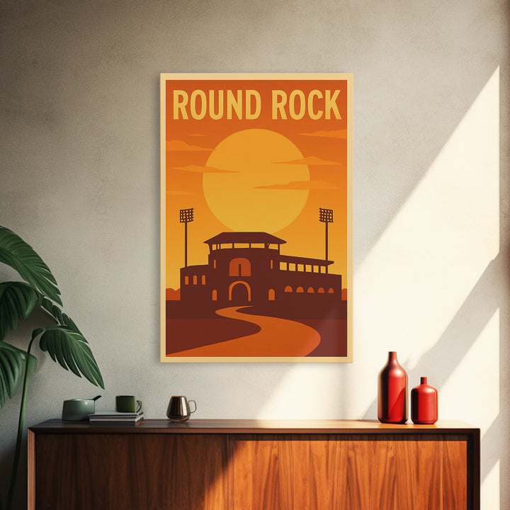 Round Rock Texas Travel Poster, Canvas Print, Gold Art Deco Poster Art, Round Rock City Art, City Illustration, Art Print, Travel Wall Art