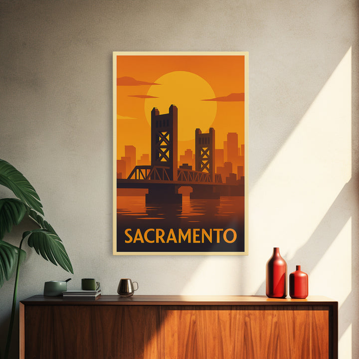Sacramento Travel Poster, Framed Canvas Print, Warm Sunset Silhouette Art, Sacramento Art Print, City Travel Prints, Fine Art Print