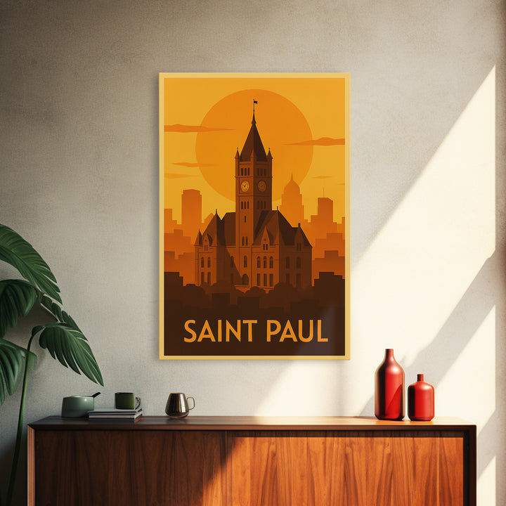 Saint Paul Travel Poster, Framed Canvas Print, Warm Sunset Silhouette Art, Saint Paul City Art, Travel Poster Set, Travel Poster Art