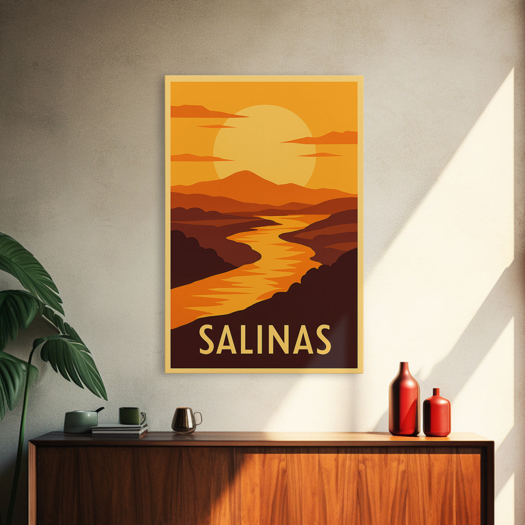 Salinas Travel Poster, Framed Canvas Print, Golden Travel Poster Art, Salinas Poster Print, City Illustration, Vintage City Art