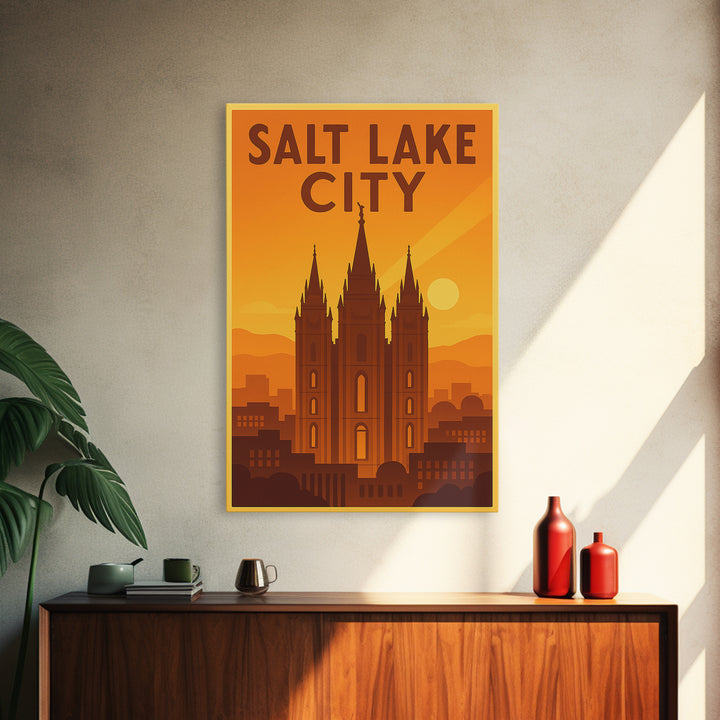 Salt Lake City Utah Travel Poster, Canvas Print, Gold Art Deco Poster Art, Salt Lake City City Art, Wall Decor, Mid Century Wall Art