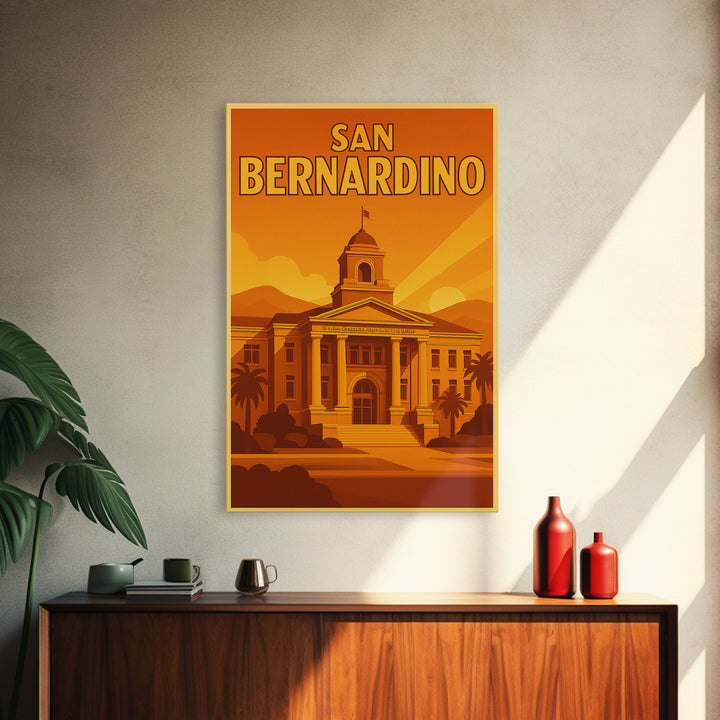 San Bernardino California Travel Poster, Canvas Print, Warm Sunset Silhouette Art, San Bernardino Wall Art, Vintage City Art