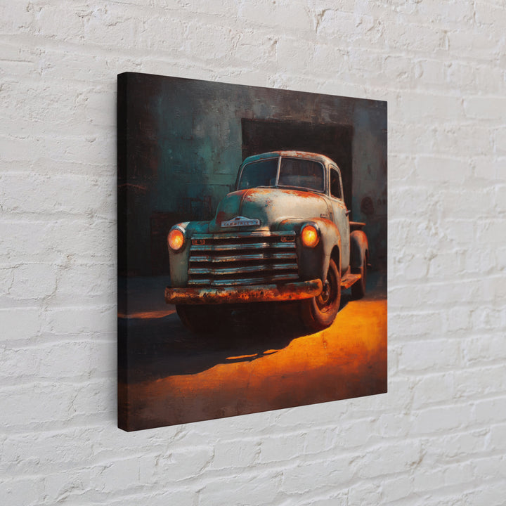 Pickup Truck in Dusty Sunset Light Framed Canvas Print, Garage Art, Tattoo Art, Garage Decor, Oil Painting, Motor, GAR-1x1-37