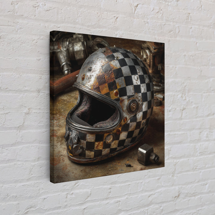Racing Helmet with Checkered Flag Pattern Framed Canvas Print, Garage Art, Garage Art Pinup, Garage Decor, Fine Art, Motor, GAR-1x1-68
