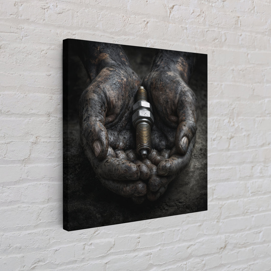 Mechanic Hands Holding a Spark Plug Framed Canvas Print, Garage Art, Gallery Decor, Garage Decor, Fine Art, Motor, GAR-1x1-78