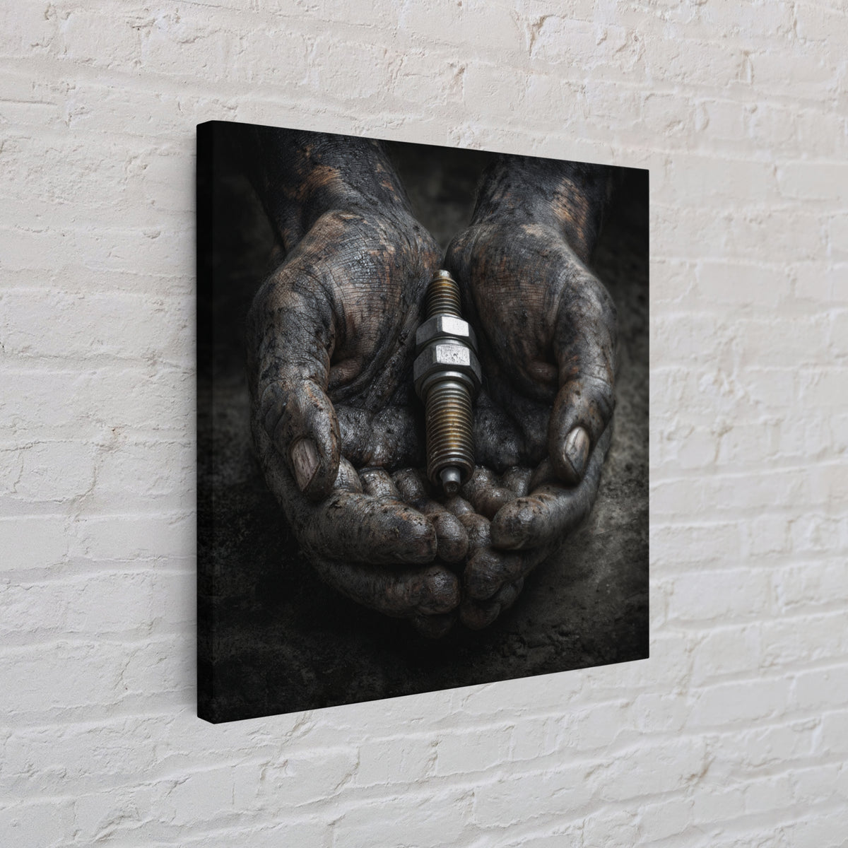 Mechanic Hands Holding a Spark Plug Framed Canvas Print, Garage Art, Gallery Decor, Garage Decor, Fine Art, Motor, GAR-1x1-78