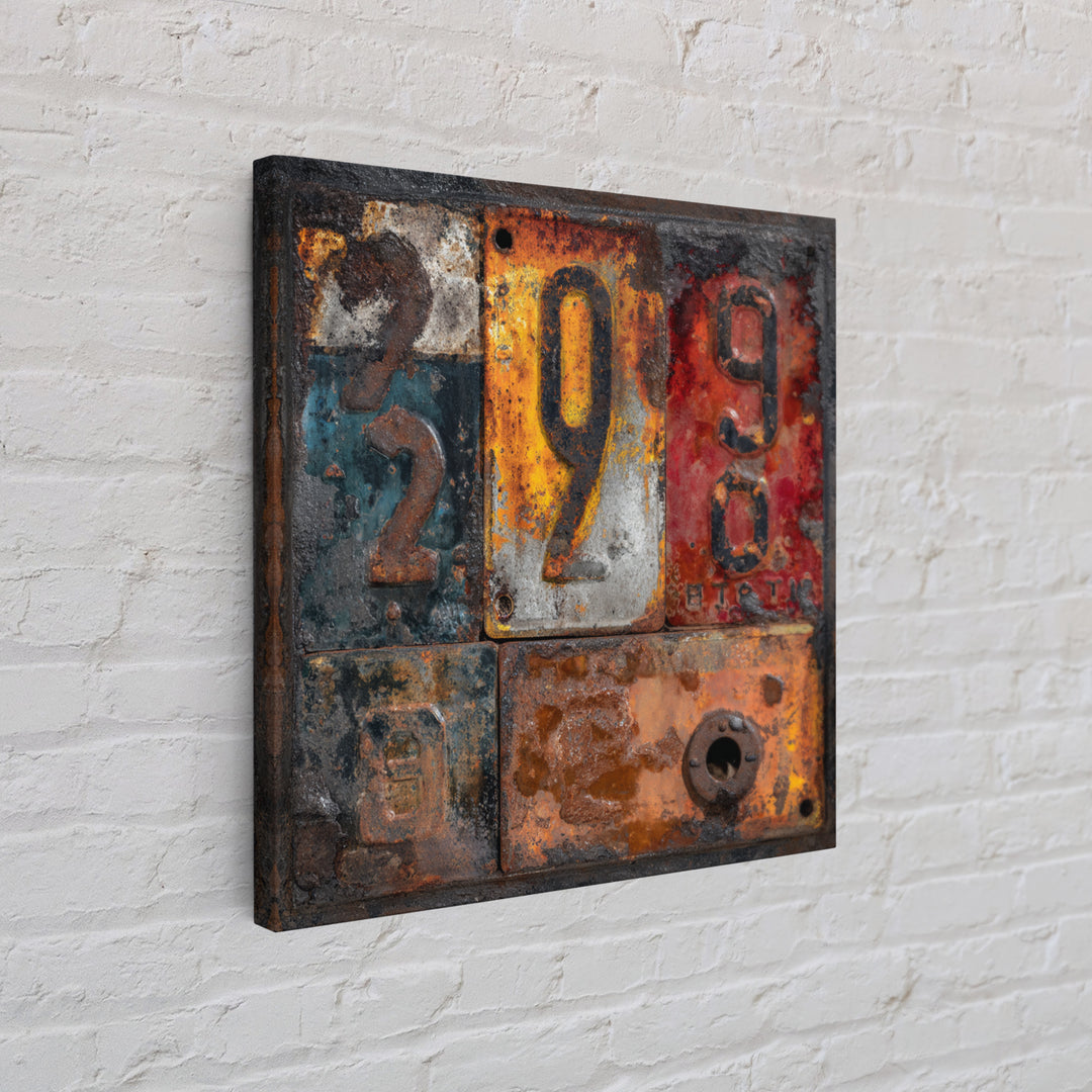 Rusty License Plate Collage Framed Canvas Print, Garage Art, Modern Decor, Garage Decor, Fine Art, Motor, Home Decor, GAR-1x1-80