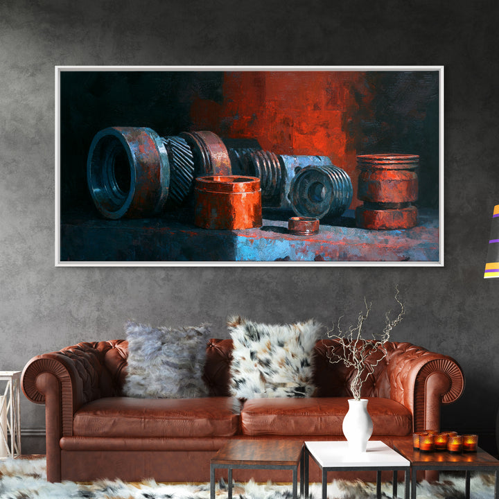 Camshaft and Gears Industrial Still Life Framed Canvas Print, Garage Art, Game Room Decor, Garage Decor, Fine Art, Motor, GAR-2x1-11