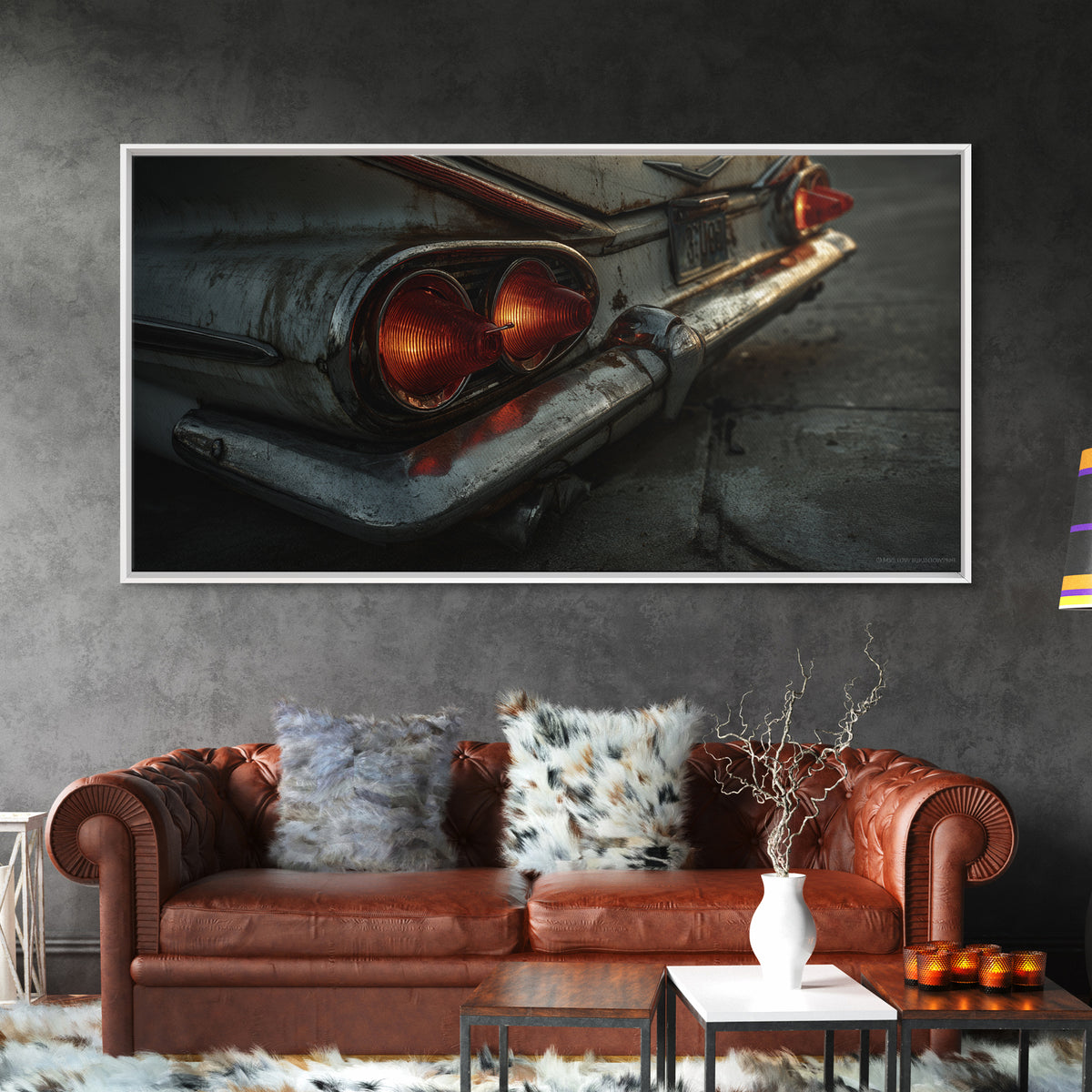 Classic Car Tail Lights Glowing at Dusk Framed Canvas Print, Garage Art, Art Print, Garage Decor, Motor, Canvas Wall Art, GAR-2x1-12