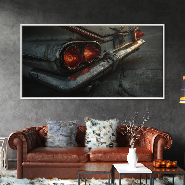 Classic Car Tail Lights Glowing at Dusk Framed Canvas Print, Garage Art, Art Print, Garage Decor, Motor, Canvas Wall Art, GAR-2x1-12