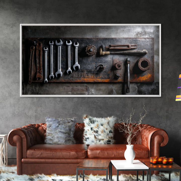 Garage Tool Silhouettes Arranged as Graphic Icons Framed Canvas Print, Garage Art, Art Print, Garage Decor, Fine Art, Motor, GAR-2x1-34