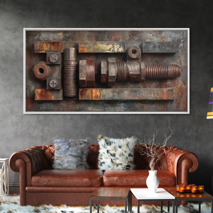 Steel and Rust Texture Abstract Panel Framed Canvas Print, Garage Art, Car Decor, Garage Decor, Motor, Game Room Decor, GAR-2x1-43