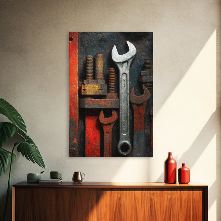 Wrench and Bolts Arranged Like Old Master Framed Canvas Print, Garage Art, Boho Decor, Garage Decor, Abstract Art, Motor, GAR-2x3-2