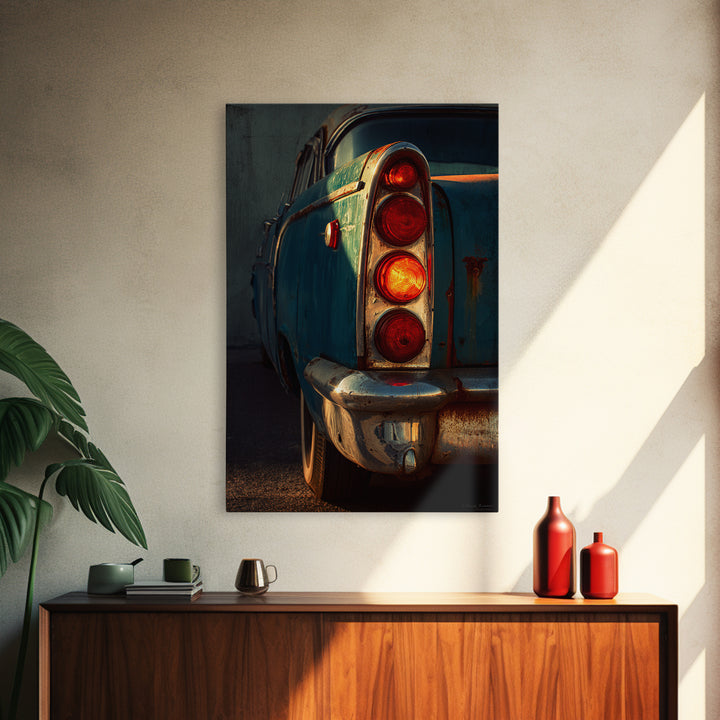Classic Car Tail Lights Glowing at Dusk Framed Canvas Print, Garage Art, Automotive Decor, Garage Decor, Fine Art, Motor, GAR-2x3-24