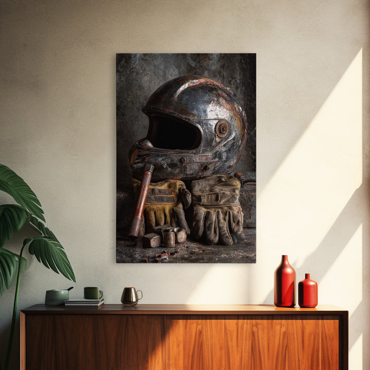 Motorcycle Helmet and Leather Gloves Still Life Framed Canvas Print, Garage Art, Decor, Garage Decor, Abstract Art, Motor, GAR-2x3-41