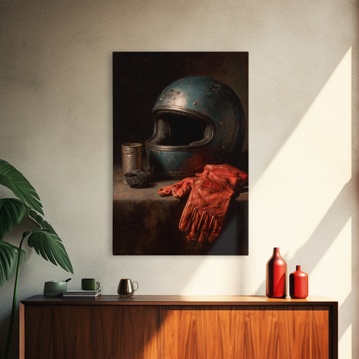 Motorcycle Helmet and Leather Gloves Still Life Canvas Print, Garage Art, Canvas Print, Garage Decor, Fine Art, Motor, GAR-2x3-65