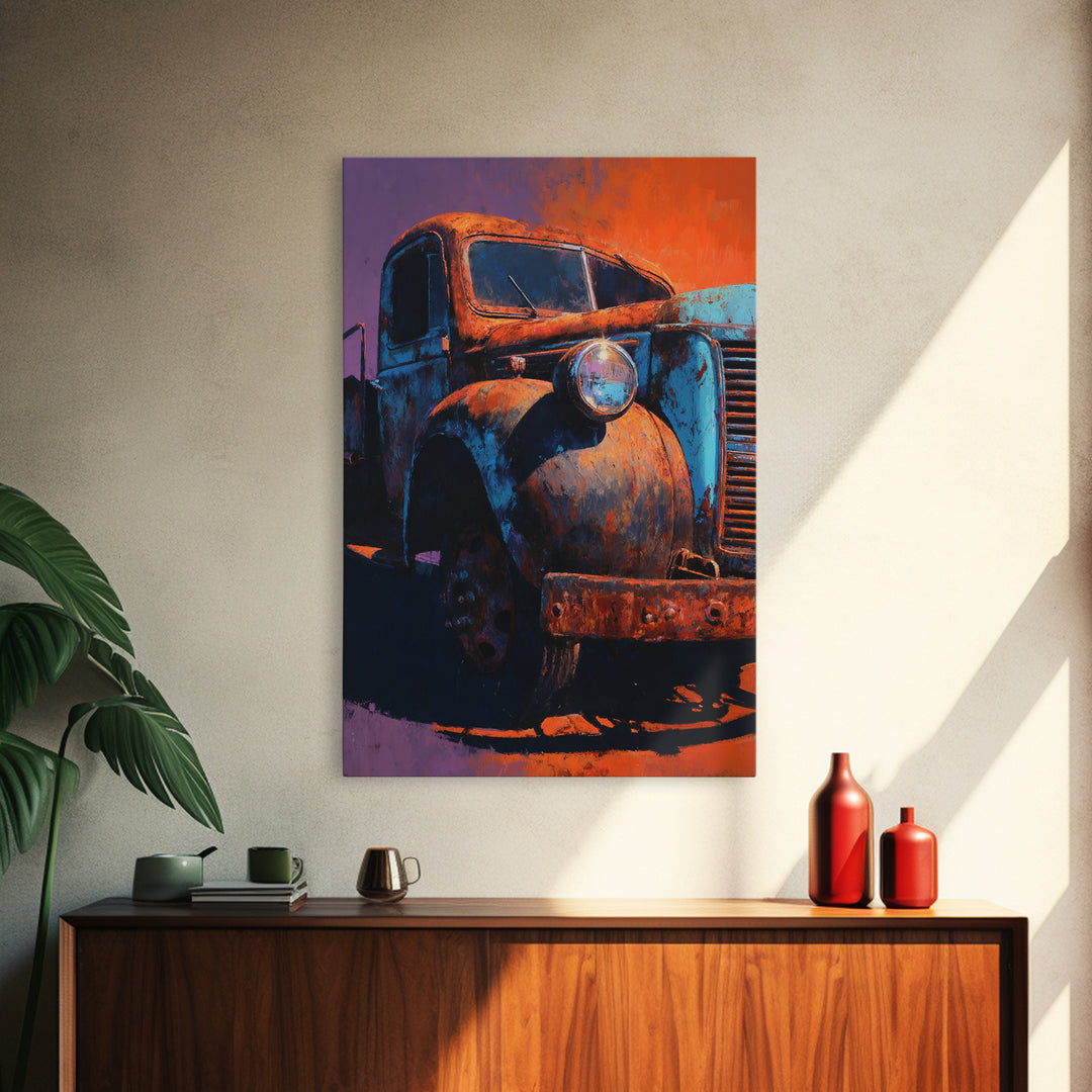 Pickup Truck in Dusty Sunset Light Framed Canvas Print, Garage Art, Metal Art, Garage Decor, Motor, Garage Art Poster Download, GAR-2x3-93