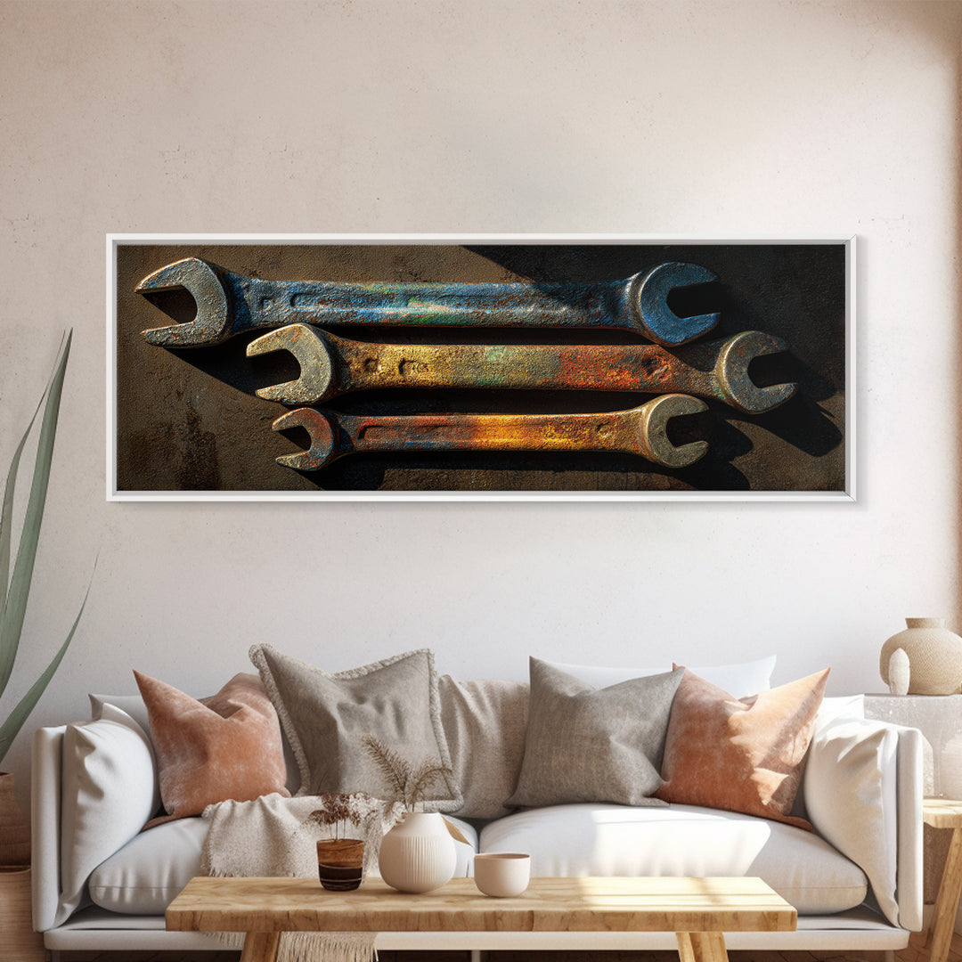 Wrench and Bolts Arranged Like Old Master Framed Canvas Print, Garage Art, Home Decor, Garage Decor, Fine Art, Motor, GAR-3x1-10