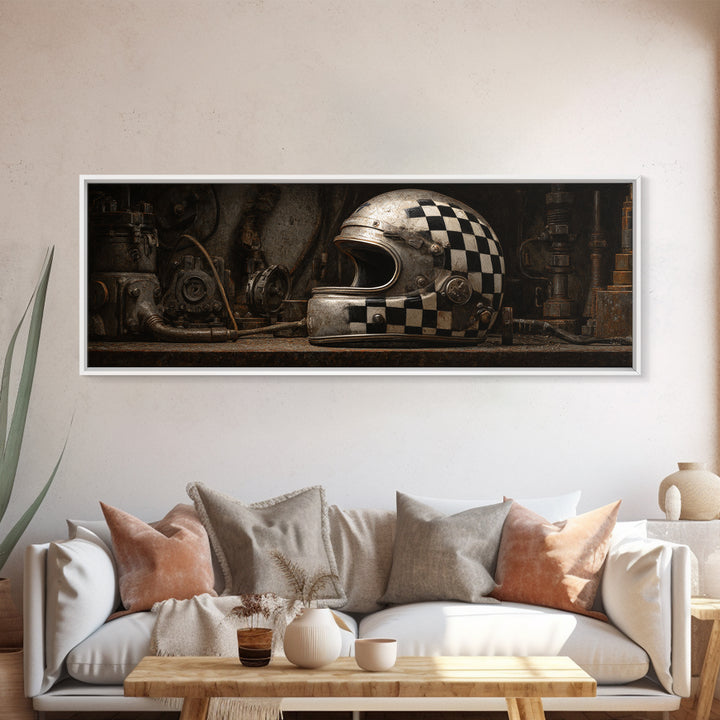 Racing Helmet with Checkered Flag Pattern Framed Canvas Print, Garage Art, Automotive Decor, Garage Decor, Fine Art, Motor, GAR-3x1-12