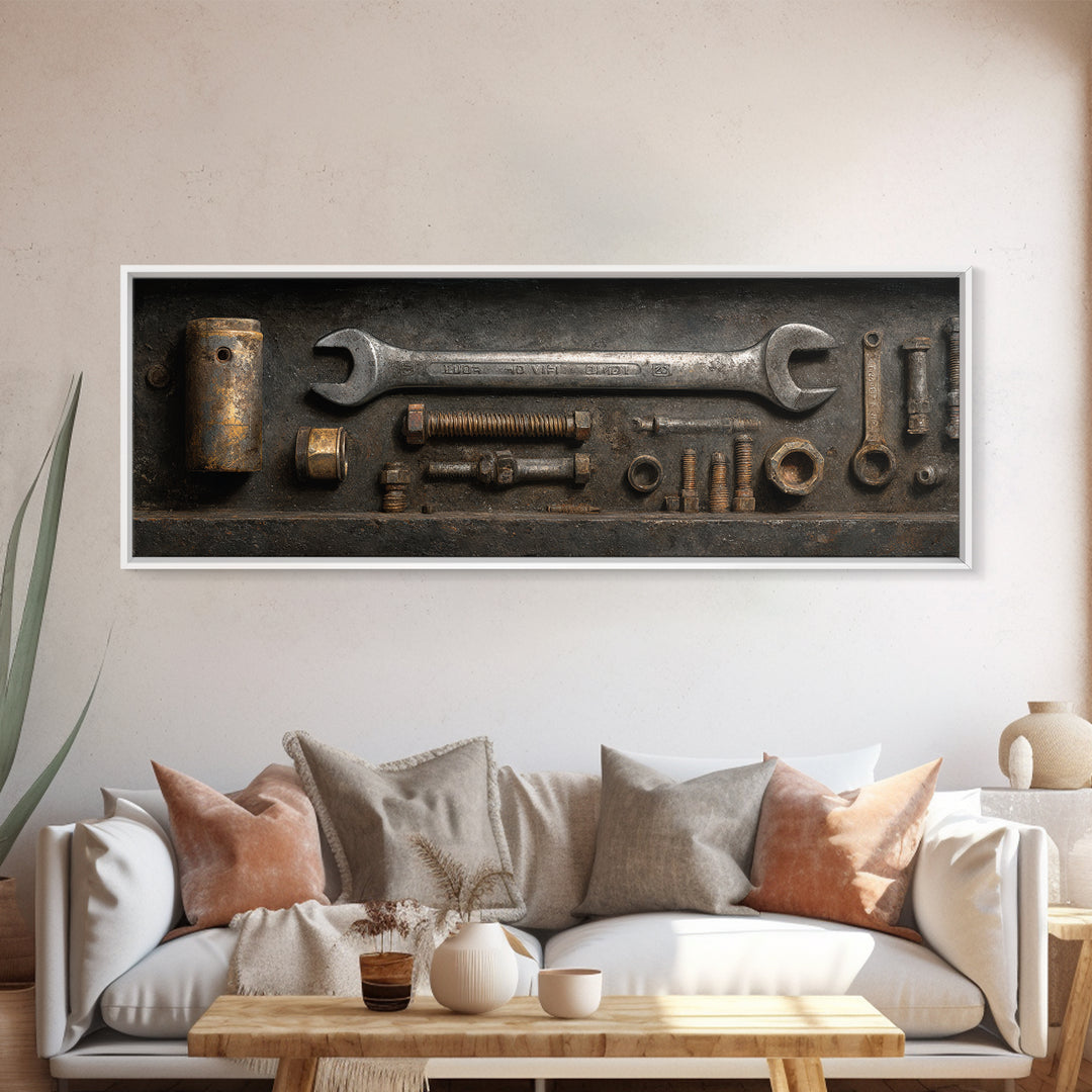 Wrench and Bolts Arranged Like Old Master Canvas Print, Garage Art, Canvas Wall Art, Garage Decor, Abstract Art, Motor, GAR-3x1-34