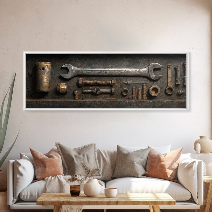Wrench and Bolts Arranged Like Old Master Canvas Print, Garage Art, Canvas Wall Art, Garage Decor, Abstract Art, Motor, GAR-3x1-34