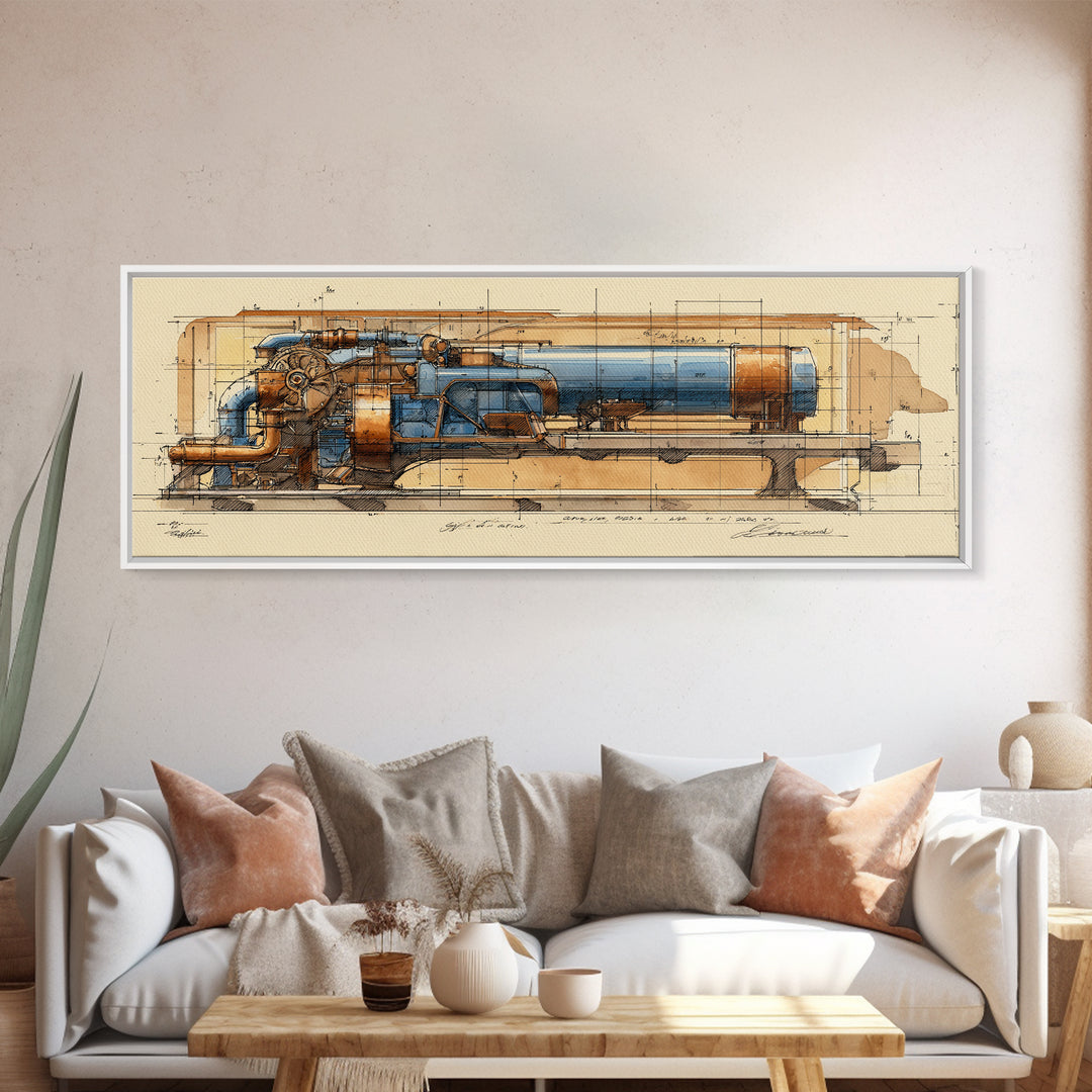 Engine Blueprint Technical Drawing Framed Canvas Print, Garage Art, Decor, Garage Decor, Fine Art, Motor, Car Wall Art, GAR-3x1-51