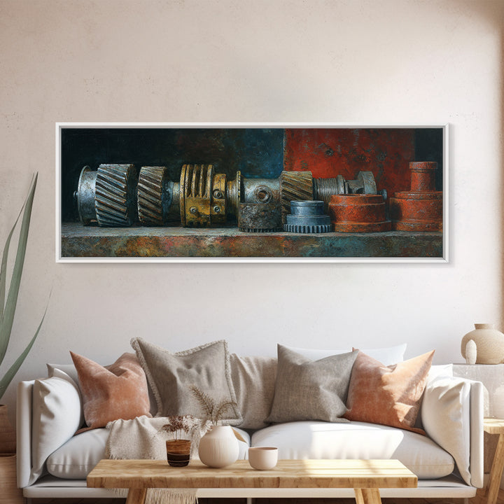 Camshaft and Gears Industrial Still Life Framed Canvas Print, Garage Art, Contemporary Art, Garage Decor, Fine Art, Motor, GAR-3x1-55