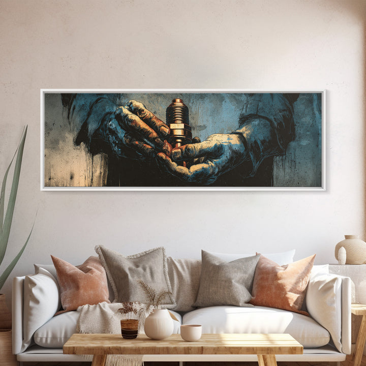 Mechanic Hands Holding a Spark Plug Canvas Print, Garage Art, Art Print, Garage Decor, Oil Painting, Motor, Canvas Wall Art, GAR-3x1-70