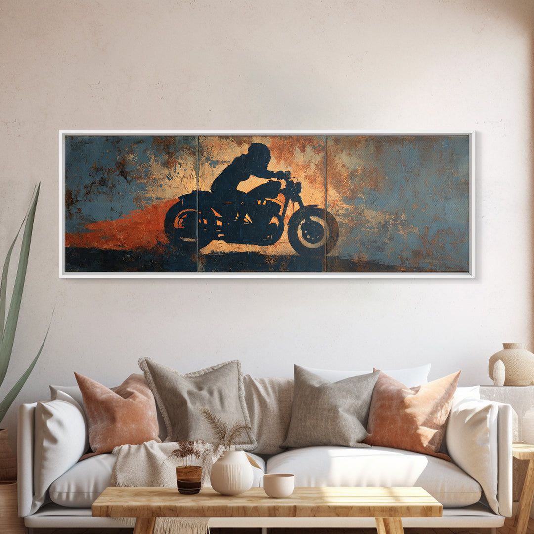 Motorcycle Rider Silhouette Canvas Print, Garage Art, Minimalist Decor, Garage Decor, Oil Painting, Motor, Metal Art, GAR-3x1-88