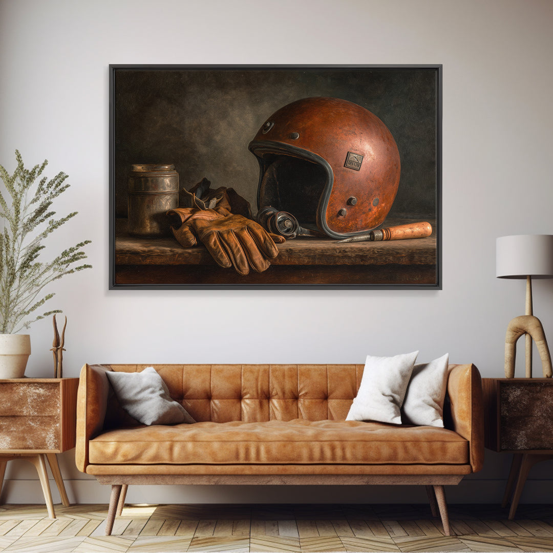 Motorcycle Helmet and Leather Gloves Still Life Canvas Print, Garage Art, Black and White Art, Garage Decor, Motor, Boho Decor, GAR-3x2-13