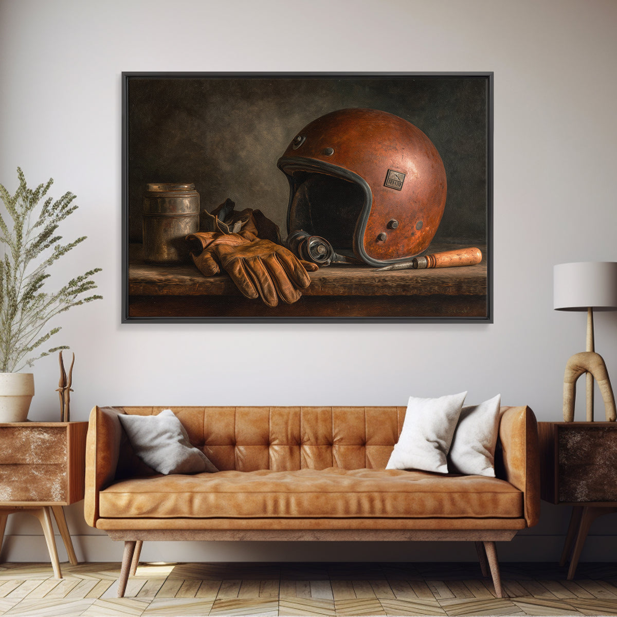 Motorcycle Helmet and Leather Gloves Still Life Canvas Print, Garage Art, Black and White Art, Garage Decor, Motor, Boho Decor, GAR-3x2-13