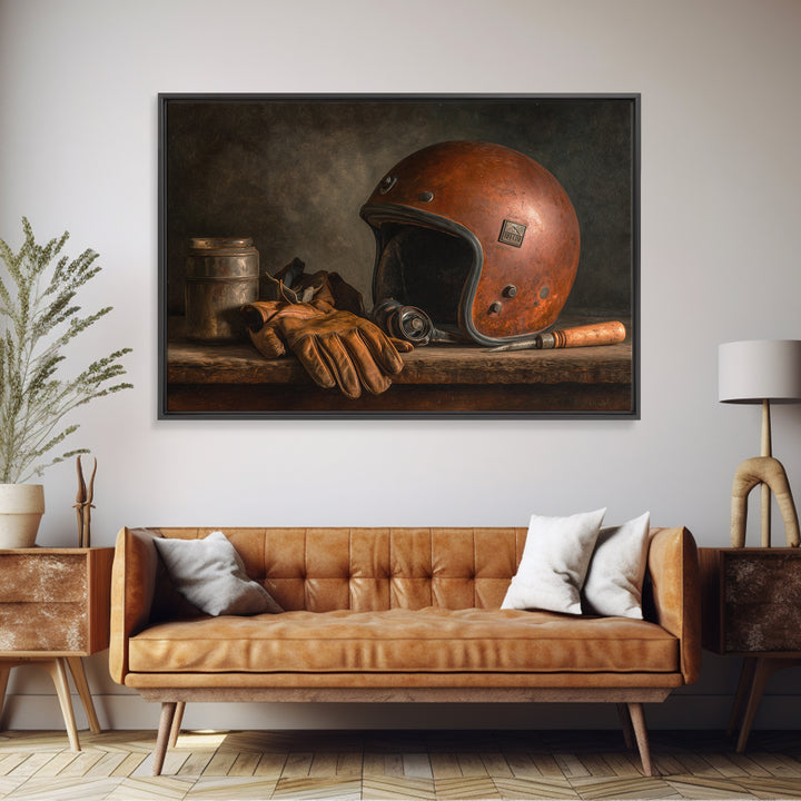 Motorcycle Helmet and Leather Gloves Still Life Canvas Print, Garage Art, Black and White Art, Garage Decor, Motor, Boho Decor, GAR-3x2-13