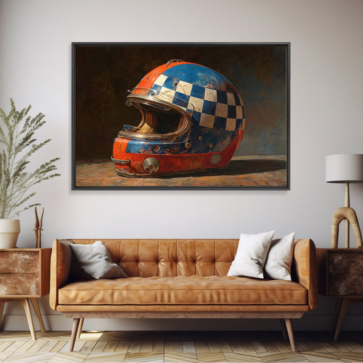 Racing Helmet with Checkered Flag Pattern Framed Canvas Print, Garage Art, Black and White Art, Garage Decor, Fine Art, Motor, GAR-3x2-24