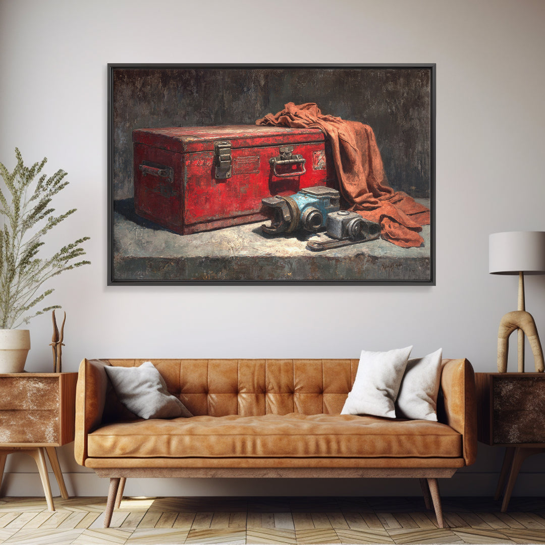 Old Toolbox with Oil Stained Rag Still Framed Canvas Print, Garage Art, Automotive Decor, Garage Decor, Fine Art, Motor, GAR-3x2-31