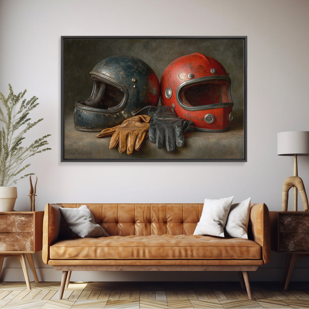 Motorcycle Helmet and Leather Gloves Still Life Canvas Print, Garage Art, Game Room Art, Garage Decor, Oil Painting, Motor, GAR-3x2-37